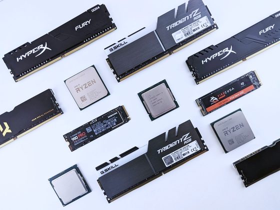 Memory modules, processors and SSD drives laid out on a white surface
