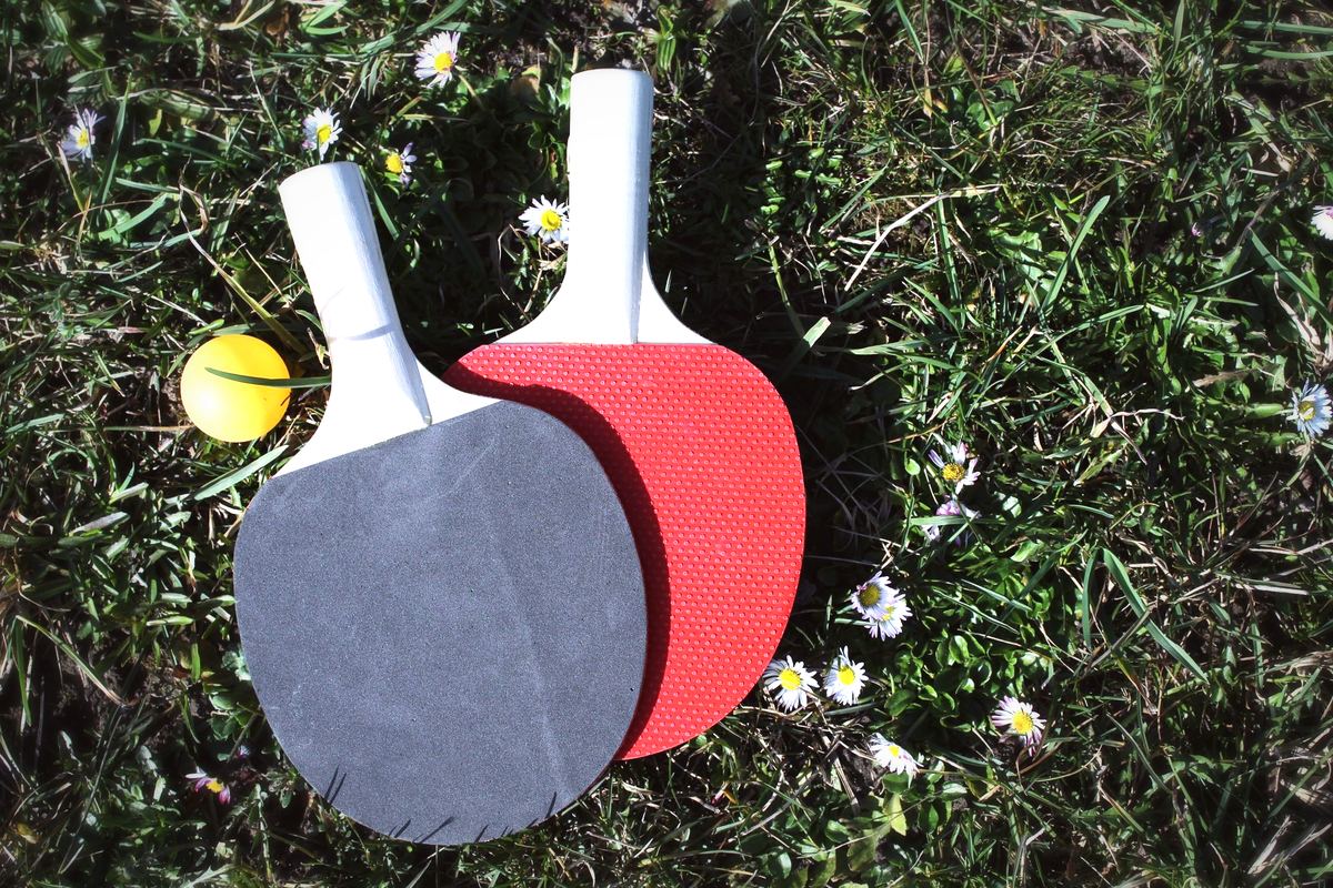 Dos palas de ping-pong y una pelota sobre la hierba