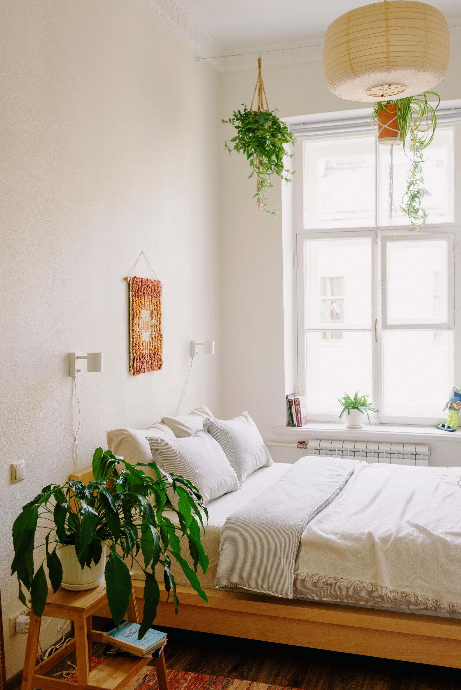 Dormitorio luminoso con plantas junto a una ventana grande
