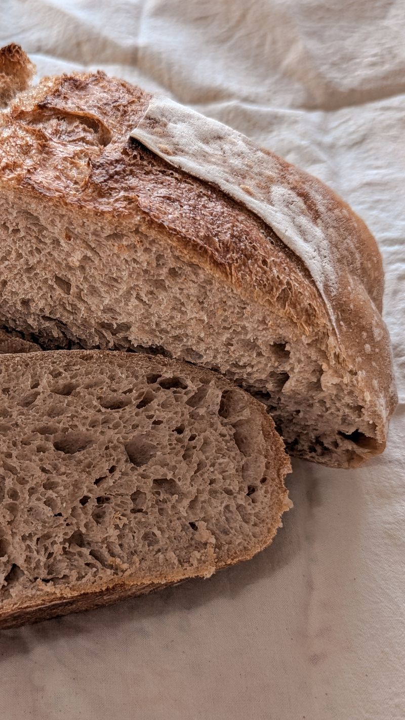 Rebanada de pan de masa madre vista de cerca: la miga está llena de alvéolos irregulares.